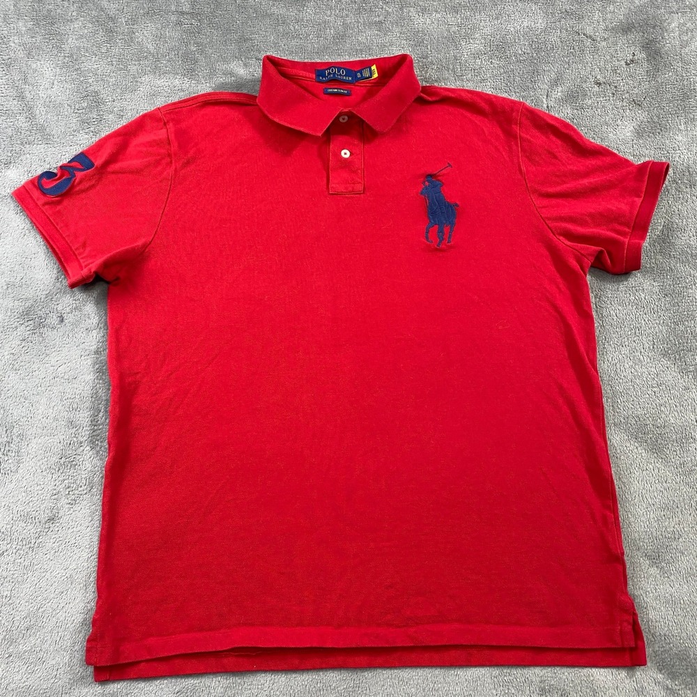 Ralph Lauren‎ Polo Shirt Mens XL Red Big Pony 3 Custom Slim Fit Short Sleeve